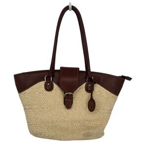 Vintage Etienne Aigner Purse Brown Straw Leather Shoulder Bag 19x11x5 Tote Rare